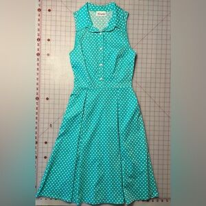 Golightly | Teal A-Line Dress White Polka Dots Pockets Size XS Pinup 50s Retro